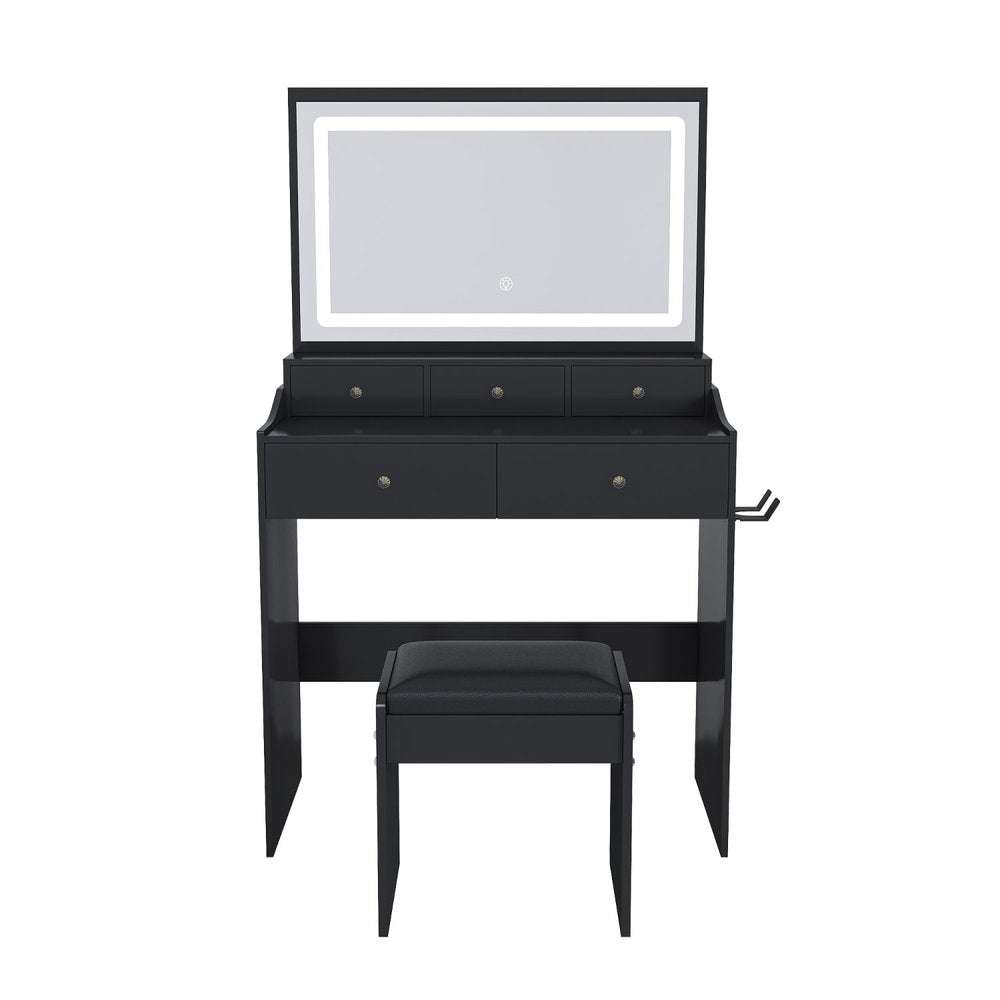 30" Black Wood Mirrored Five Drawer Vanity Table HomeRoots