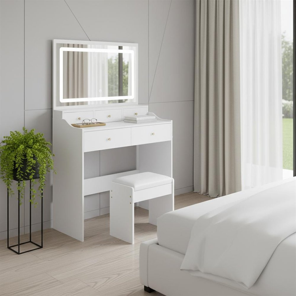 30" White Wood Mirrored Five Drawer Vanity Table HomeRoots