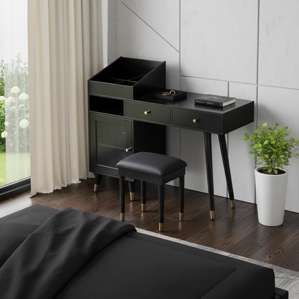 44" Black Wood Two Drawer Vanity Table HomeRoots