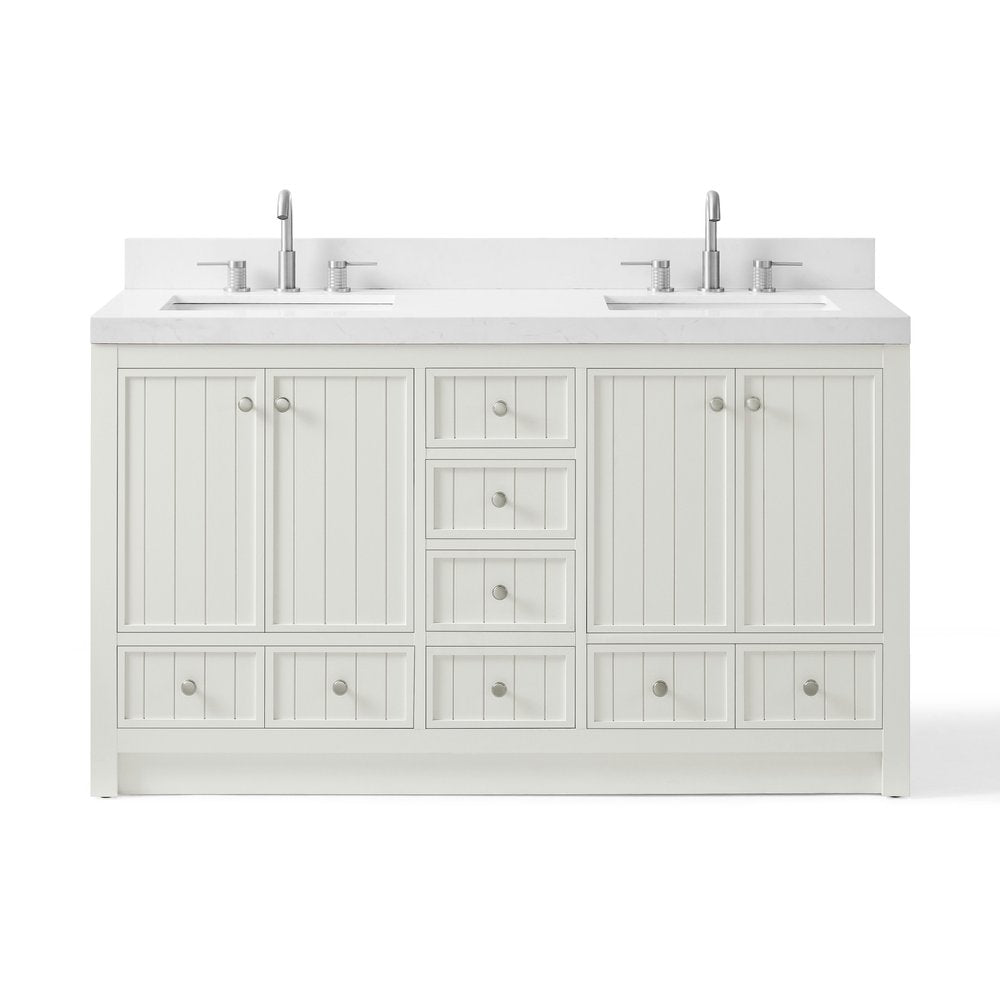 60" White Wood Double Bathroom Vanity With White And Gray Quartz Countertop HomeRoots