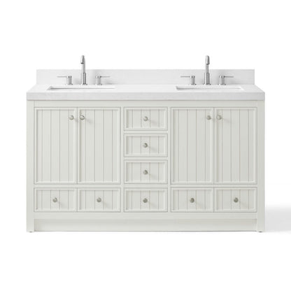60" White Wood Double Bathroom Vanity With White And Gray Quartz Countertop HomeRoots