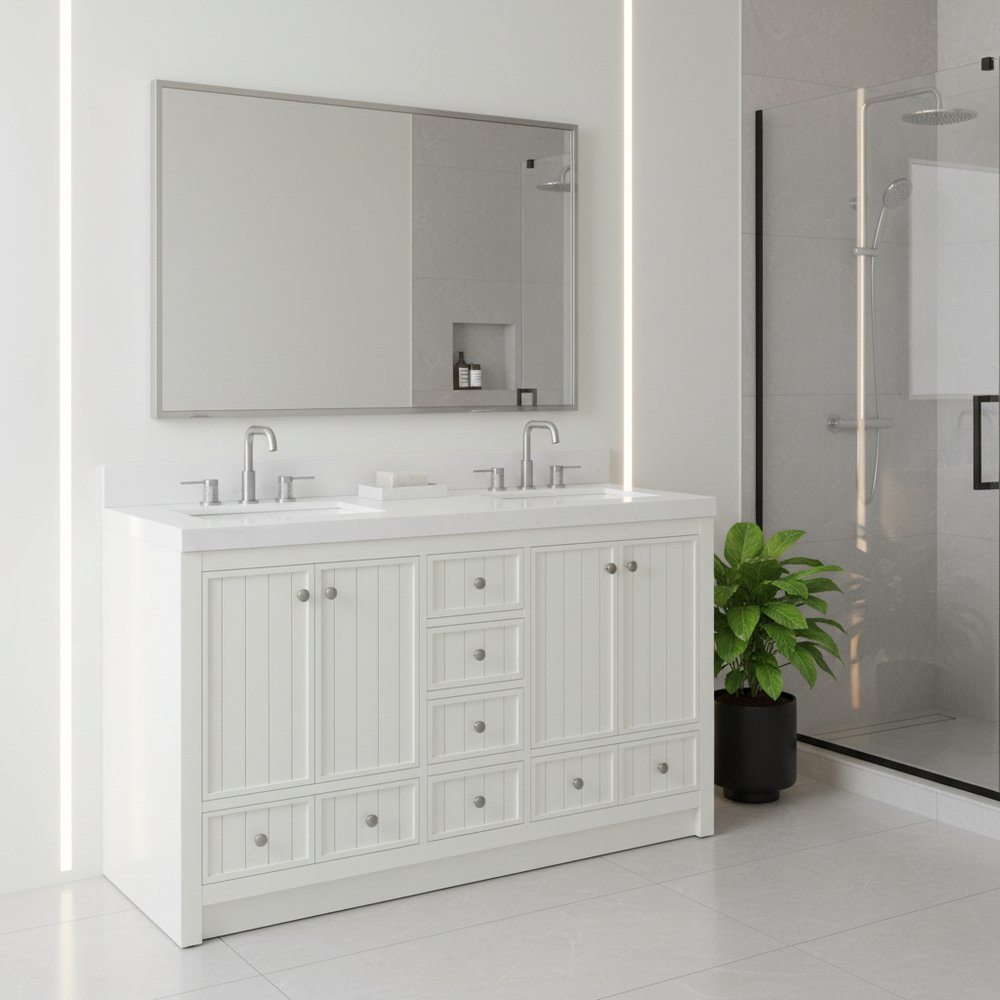 60" White Wood Double Bathroom Vanity With White And Gray Quartz Countertop HomeRoots
