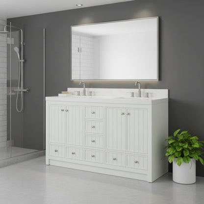 60" White Wood Double Bathroom Vanity With White And Gray Quartz Countertop HomeRoots