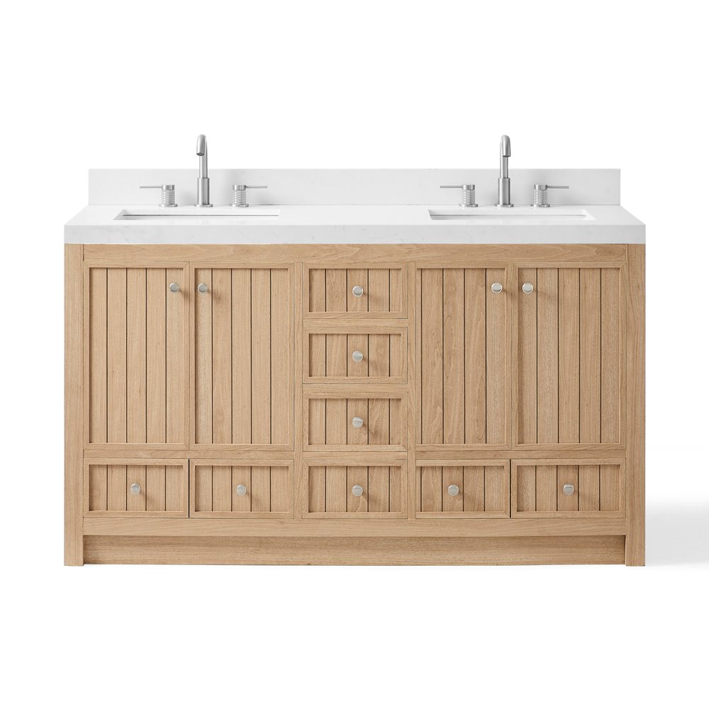 60" Natural Wood Double Bathroom Vanity With White And Gray Quartz Countertop HomeRoots