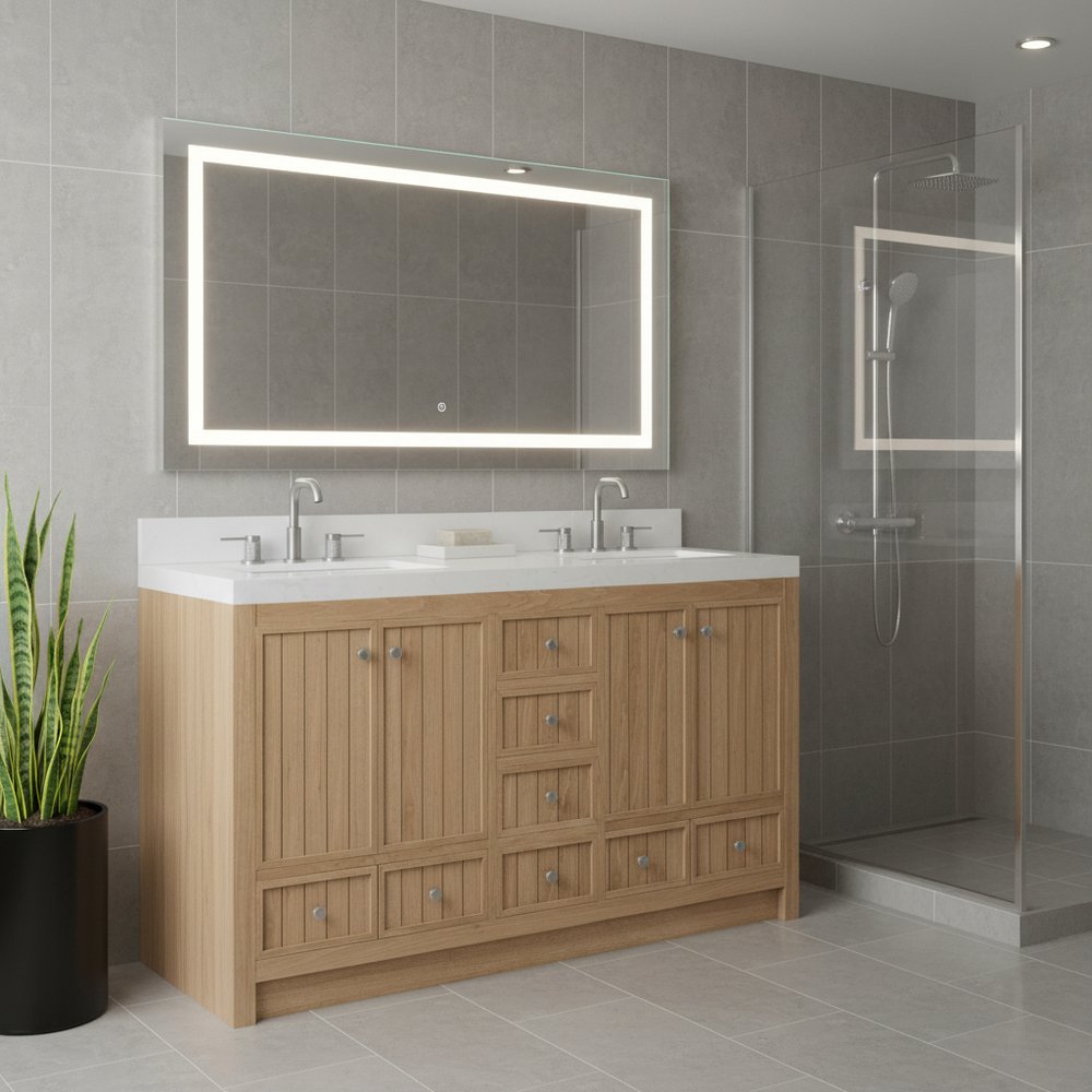 60" Natural Wood Double Bathroom Vanity With White And Gray Quartz Countertop HomeRoots