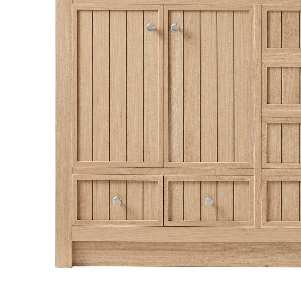 60" Natural Wood Double Bathroom Vanity With White And Gray Quartz Countertop HomeRoots