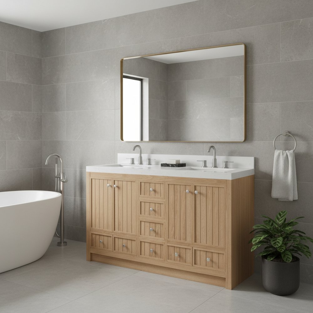 60" Natural Wood Double Bathroom Vanity With White And Gray Quartz Countertop HomeRoots