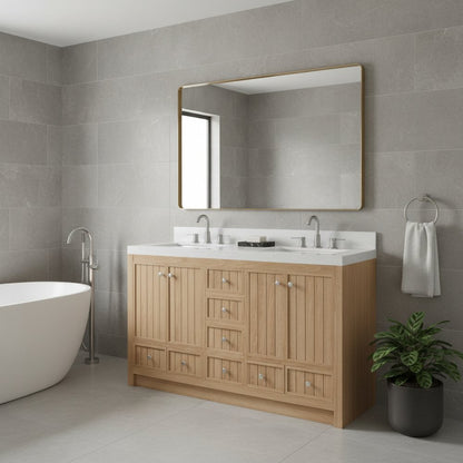 60" Natural Wood Double Bathroom Vanity With White And Gray Quartz Countertop HomeRoots