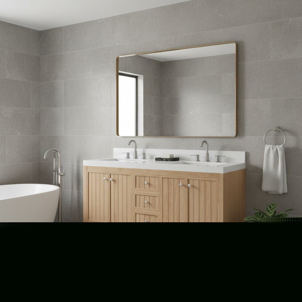 60" Natural Wood Double Bathroom Vanity With White And Gray Quartz Countertop HomeRoots