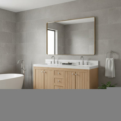 60" Natural Wood Double Bathroom Vanity With White And Gray Quartz Countertop HomeRoots