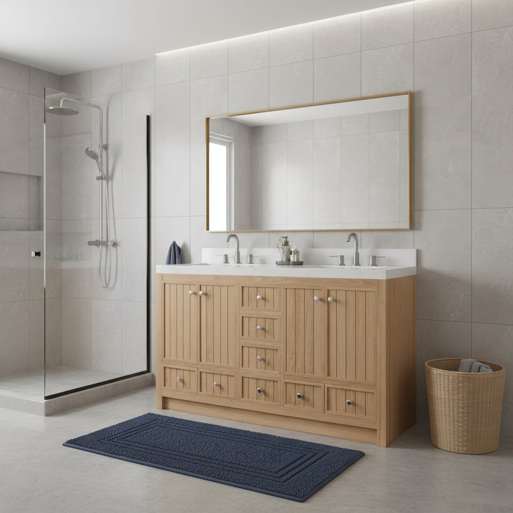 60" Natural Wood Double Bathroom Vanity With White And Gray Quartz Countertop HomeRoots