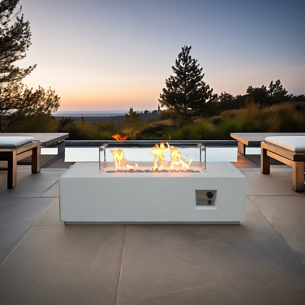 65000 BTU 52" Antiqued White Concrete Propane Rectangular Fire Pit With Cover HomeRoots