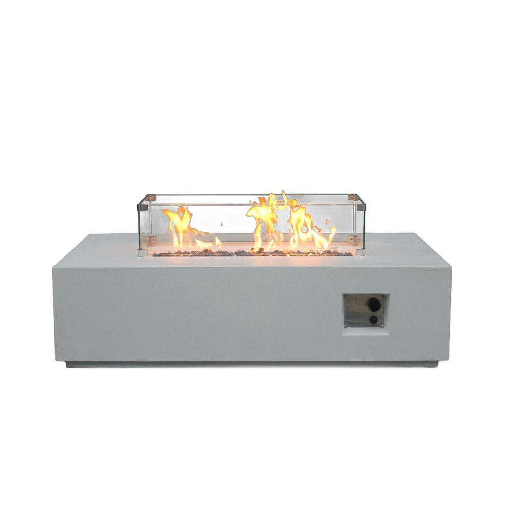 65000 BTU 52" Antiqued White Concrete Propane Rectangular Fire Pit With Cover HomeRoots