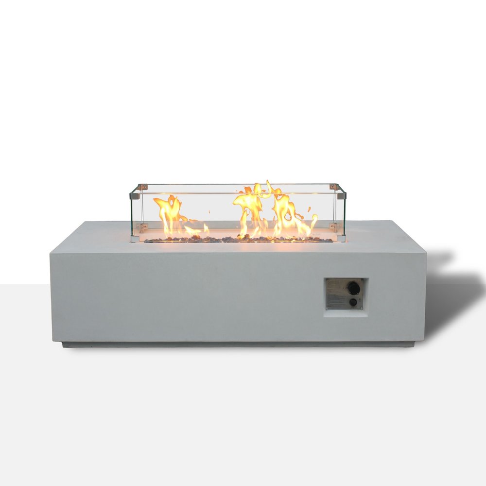 65000 BTU 52" Antiqued White Concrete Propane Rectangular Fire Pit With Cover HomeRoots