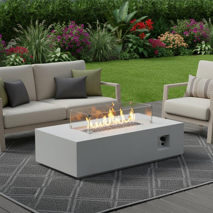 65000 BTU 52" Antiqued White Concrete Propane Rectangular Fire Pit With Cover HomeRoots