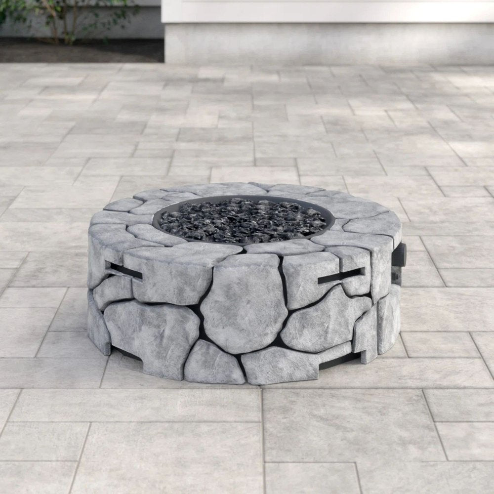 40000 BTU 28" Gray Concrete Propane Round Fire Pit With Cover HomeRoots