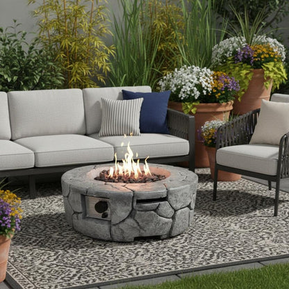 40000 BTU 28" Gray Concrete Propane Round Fire Pit With Cover HomeRoots