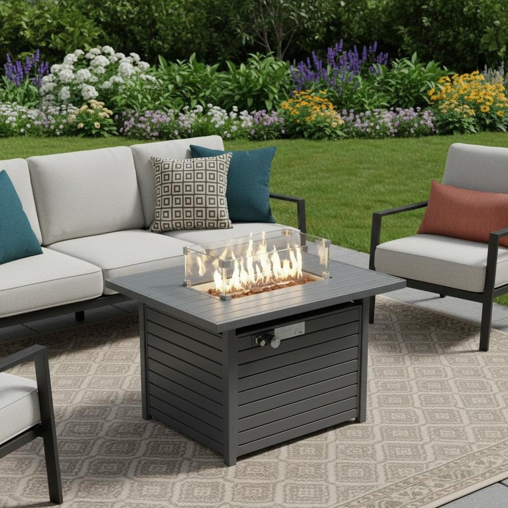 50000 BTU 42" Black Steel Propane Rectangular Fire Pit With Cover HomeRoots