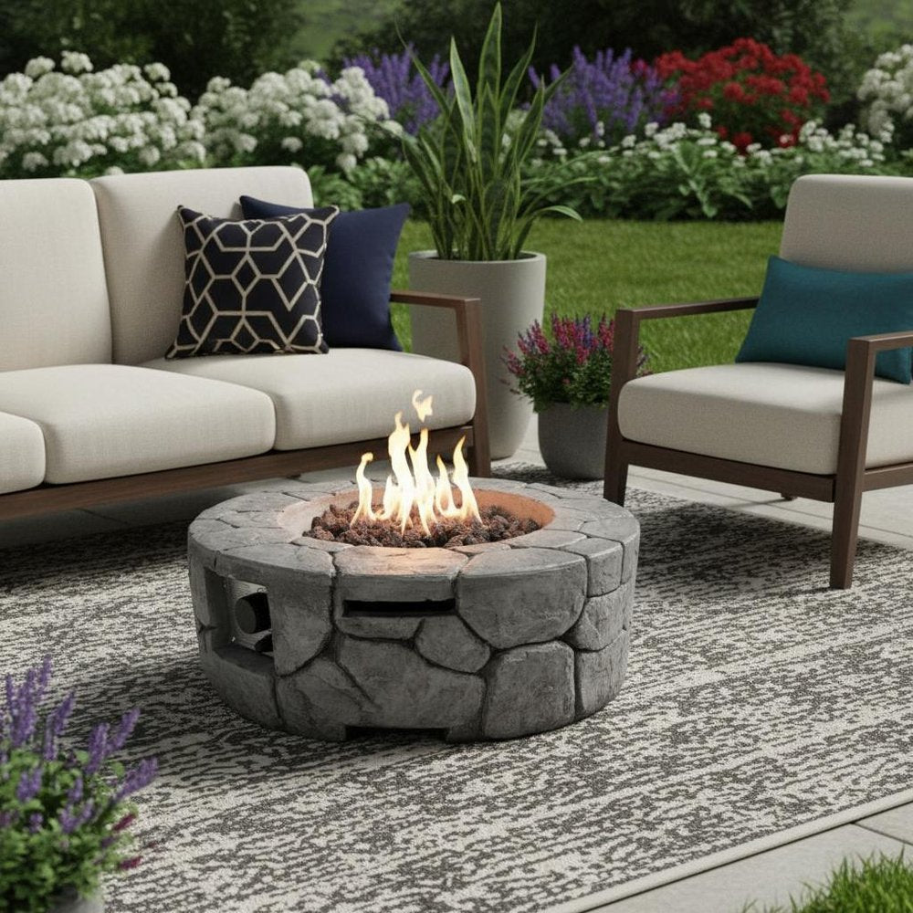 40000 BTU 28" Gray Steel Propane Round Fire Pit With Cover HomeRoots