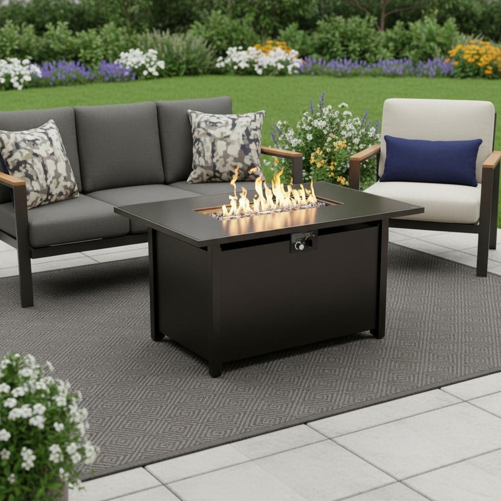 40000 BTU 42" Black Steel Propane Rectangular Fire Pit With Cover HomeRoots