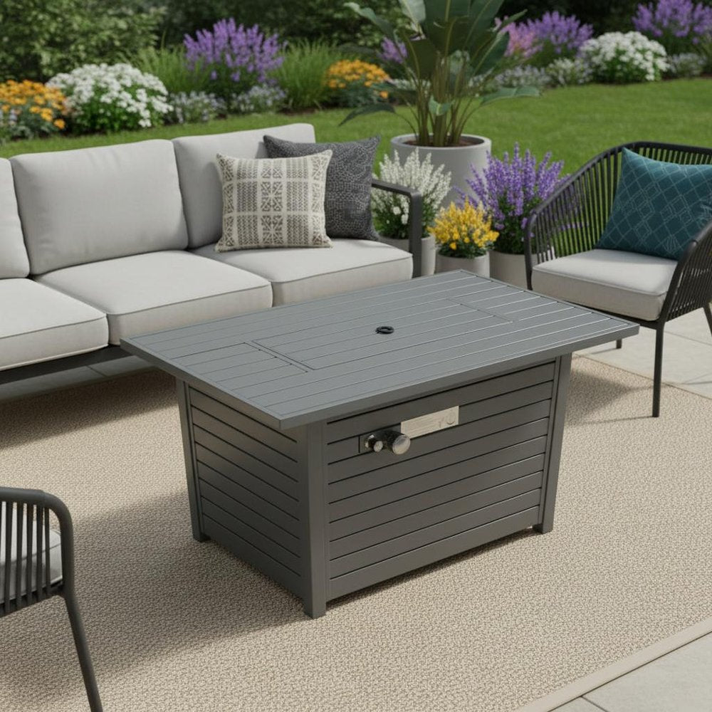 50000 BTU 42" Gray Steel Propane Rectangular Fire Pit With Cover HomeRoots