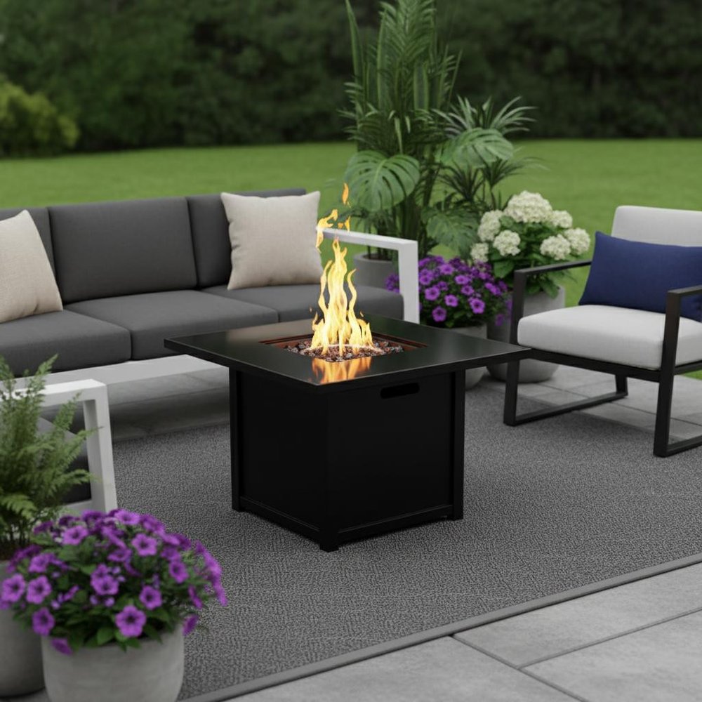 50000 BTU 30" Black Steel Propane Square Fire Pit With Cover HomeRoots