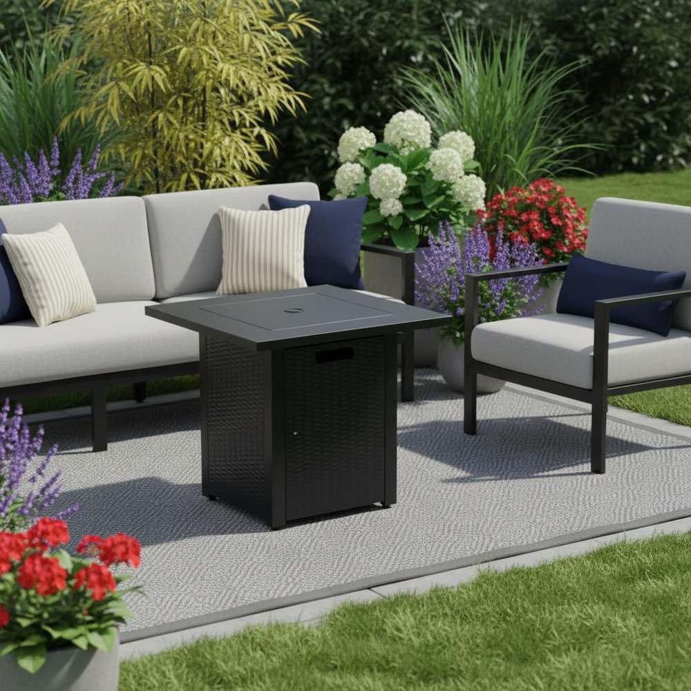 50000 BTU 28" Black Steel Propane Square Fire Pit With Cover HomeRoots