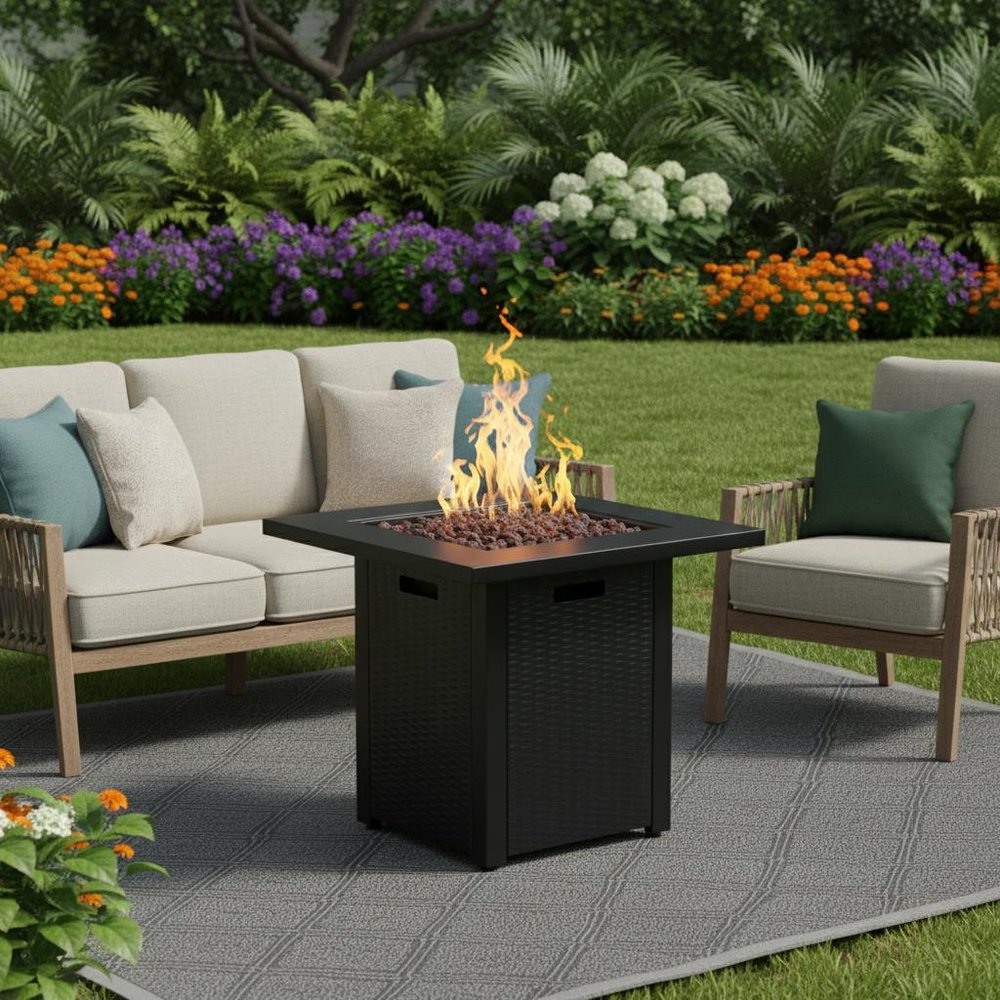 50000 BTU 28" Black Steel Propane Square Fire Pit With Cover HomeRoots