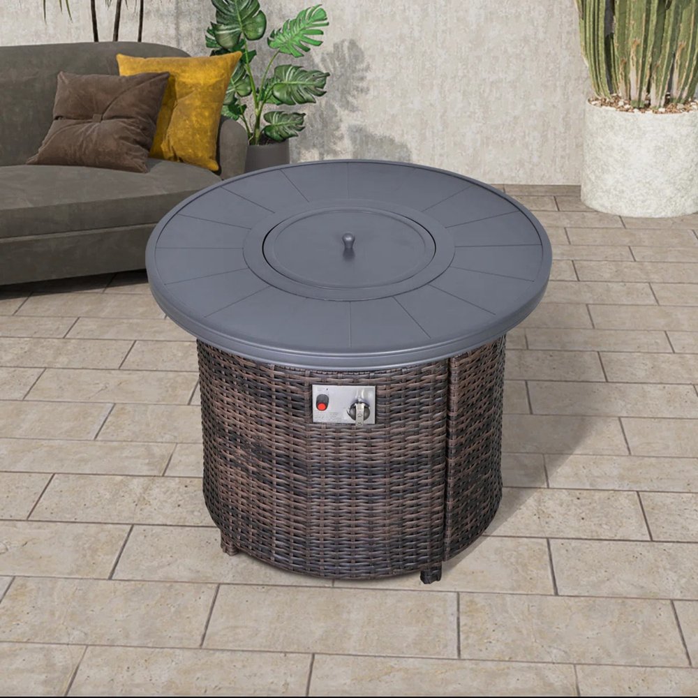50000 BTU 32" Espresso Aluminum And Wicker Propane Round Fire Pit With Cover HomeRoots