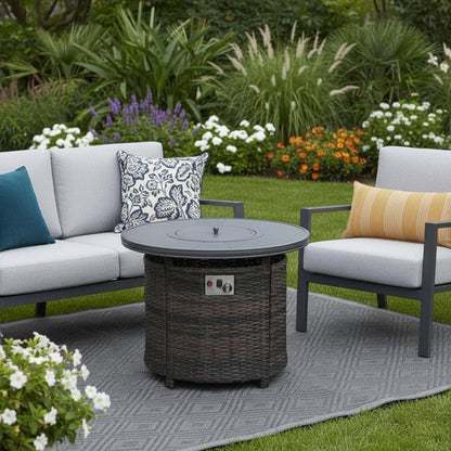 50000 BTU 32" Espresso Aluminum And Wicker Propane Round Fire Pit With Cover HomeRoots