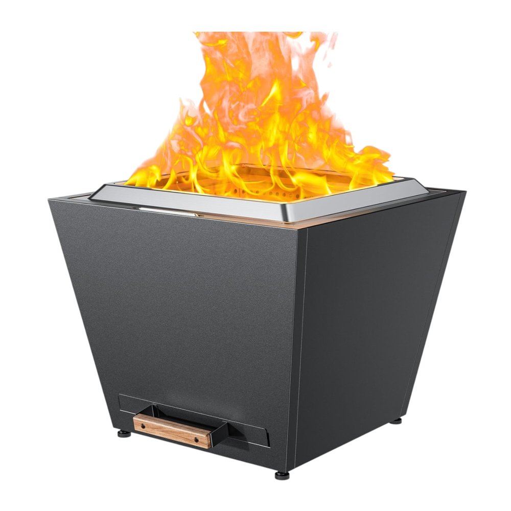50000 BTU 25" Black Stainless steel Wood Burning Square Fire Pit With Cover HomeRoots