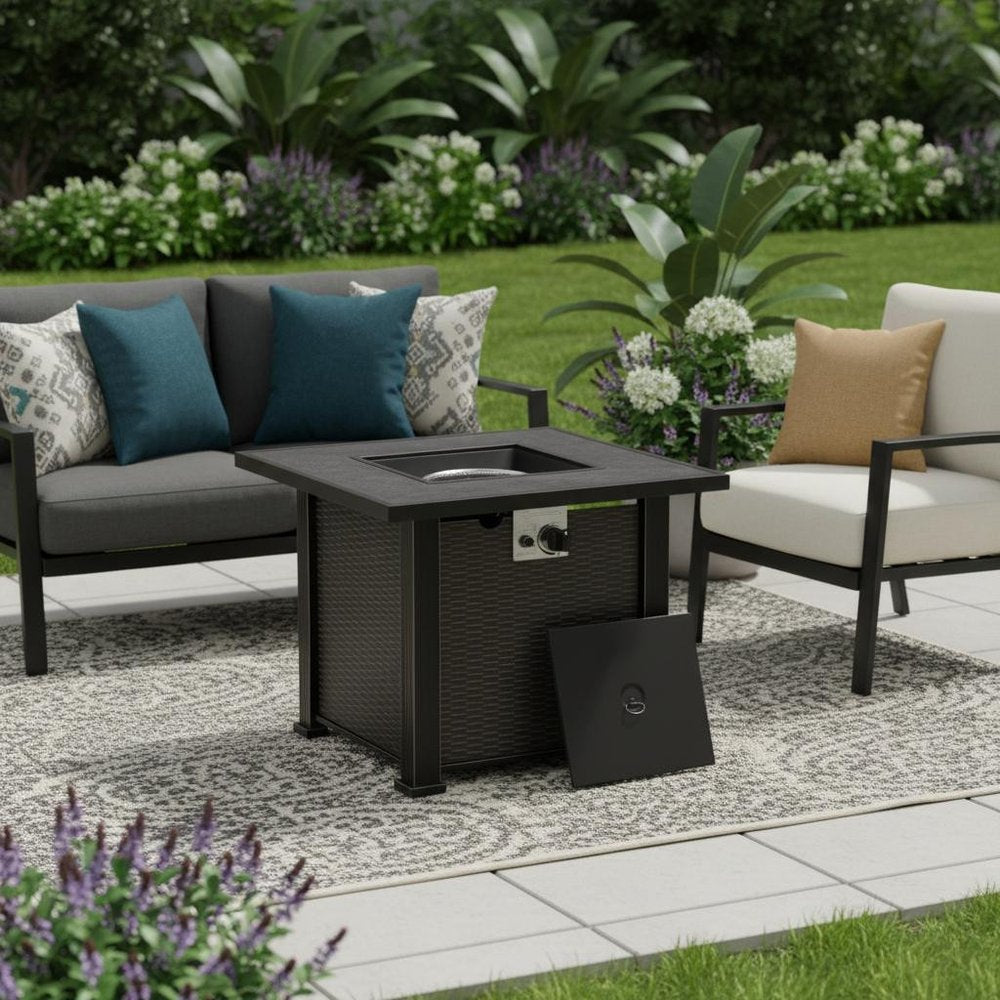 50000 BTU 30" Black Steel Propane Square Fire Pit With Cover HomeRoots