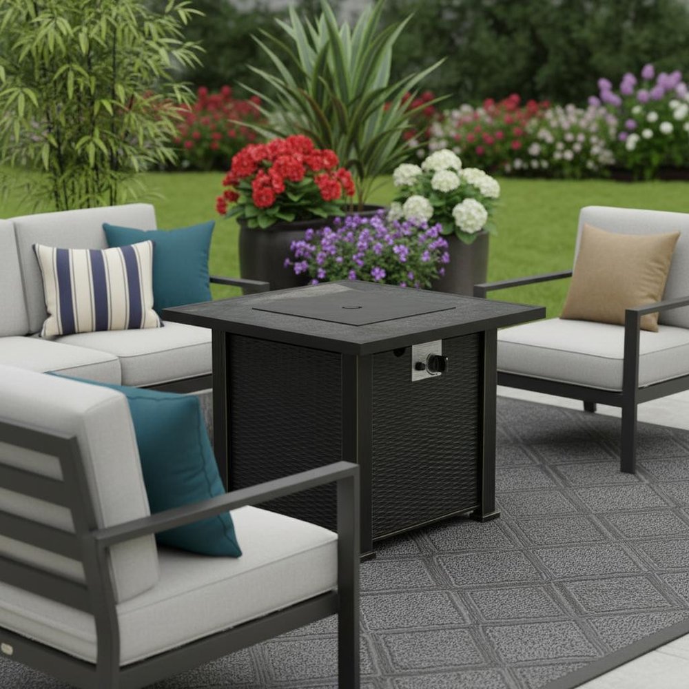 50000 BTU 30" Black Steel Propane Square Fire Pit With Cover HomeRoots