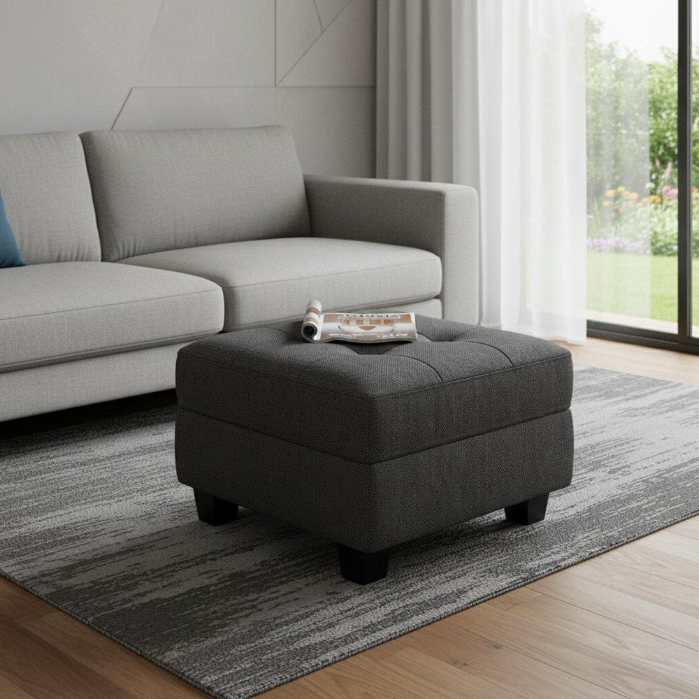 26" Gray and Black Solid Wood and Linen Tufted Storage Ottoman HomeRoots