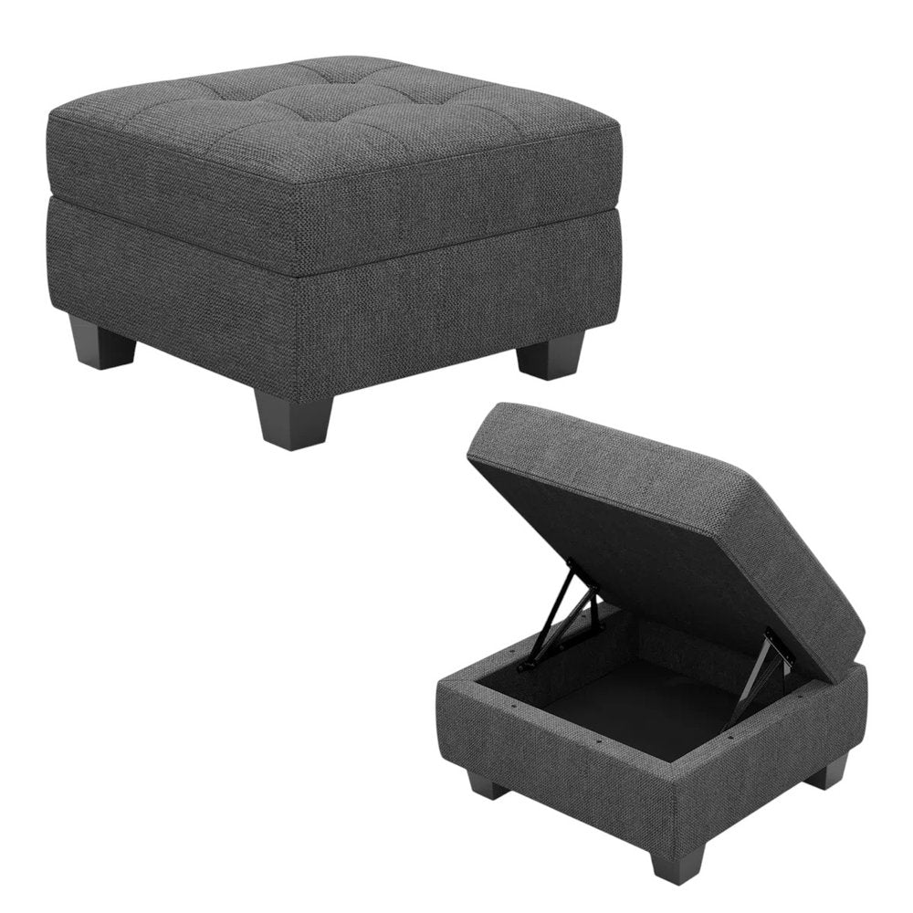 26" Gray and Black Solid Wood and Linen Tufted Storage Ottoman HomeRoots