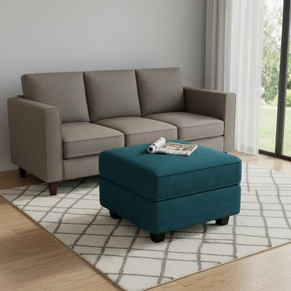 26" Teal Blue and Black Solid Wood and Microfiber Storage Ottoman HomeRoots