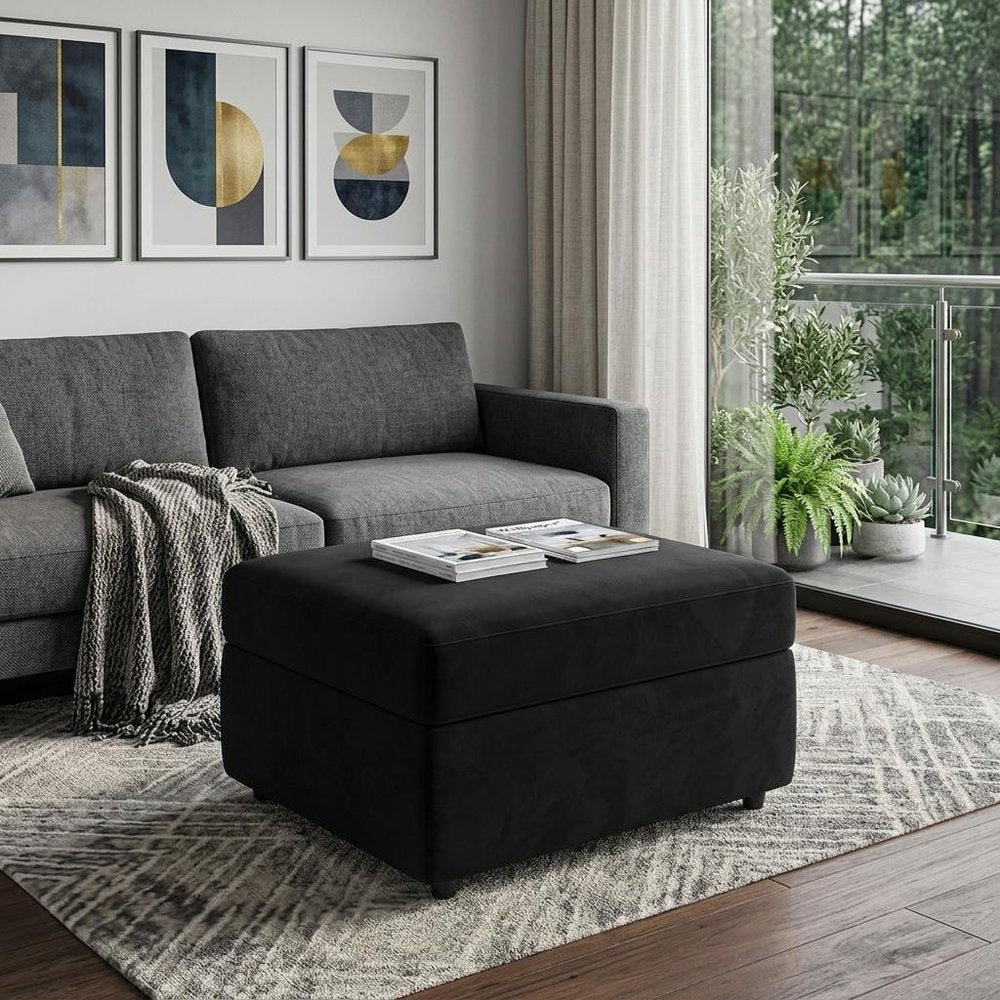 30" Black Velvet Storage Ottoman HomeRoots