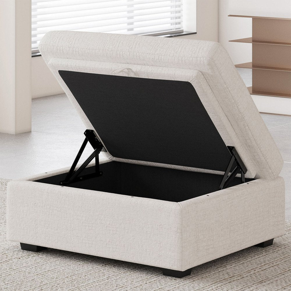 30" Beige And Black Chenille Ottoman With Storage HomeRoots