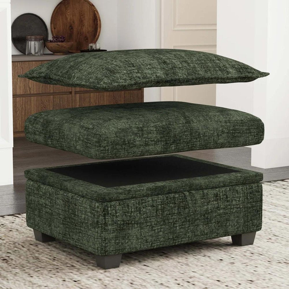 30" Green and Black Chenille Storage Ottoman HomeRoots