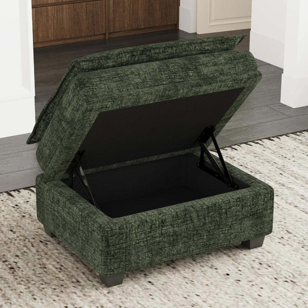 30" Green and Black Chenille Storage Ottoman HomeRoots