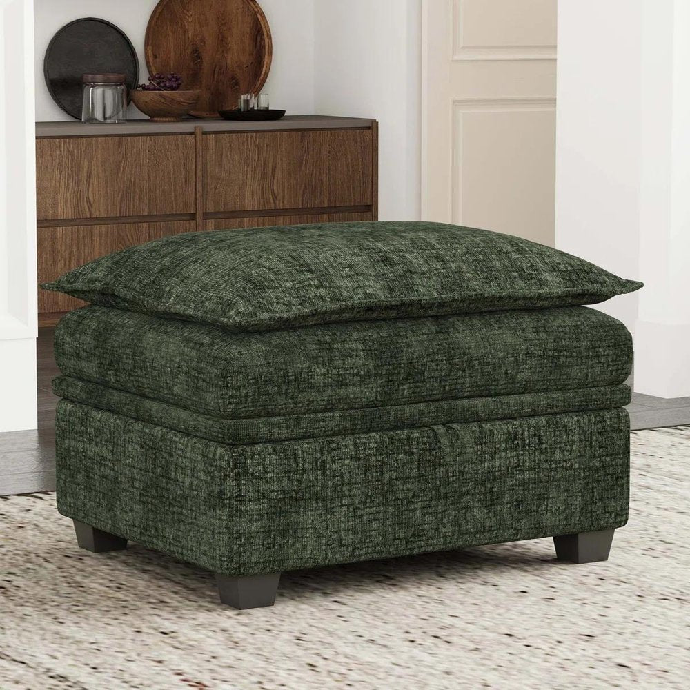 30" Green and Black Chenille Storage Ottoman HomeRoots