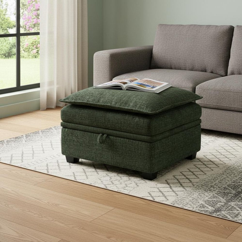 30" Green and Black Chenille Storage Ottoman HomeRoots