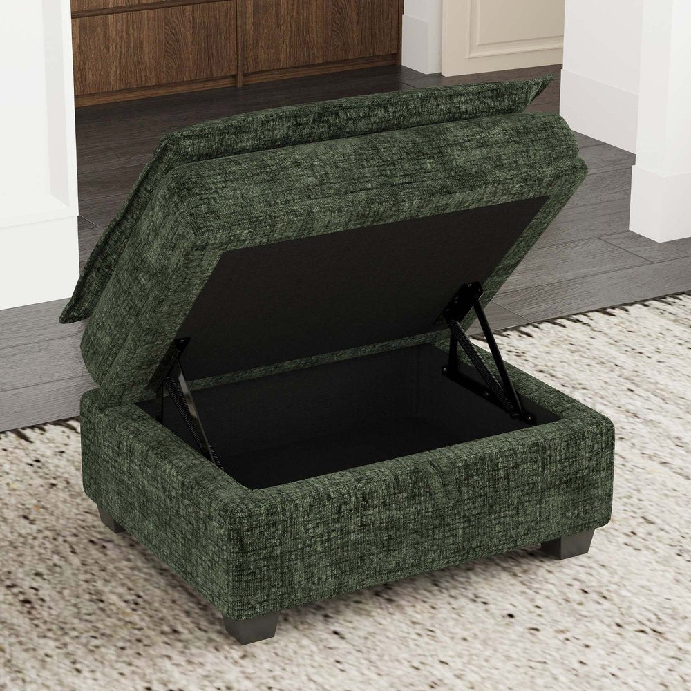 30" Green and Black Chenille Storage Ottoman HomeRoots