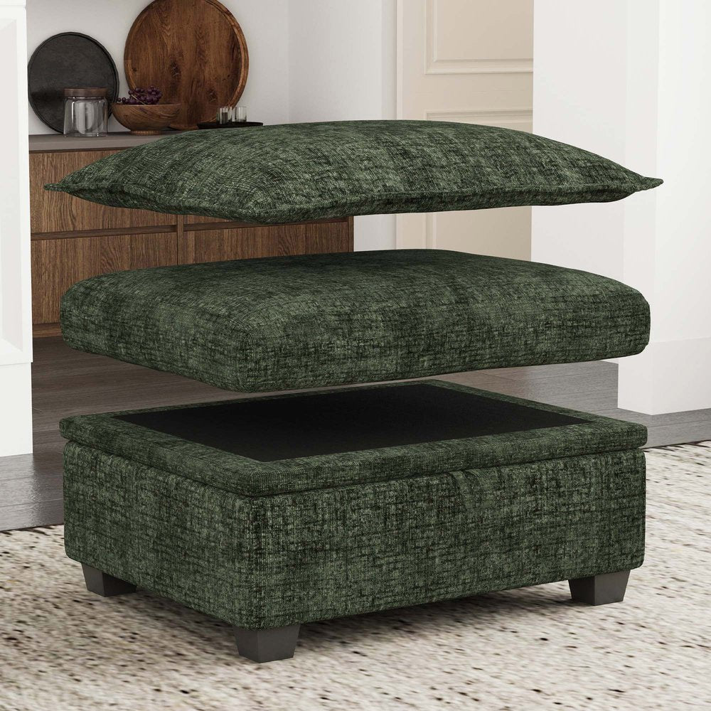 30" Green and Black Chenille Storage Ottoman HomeRoots