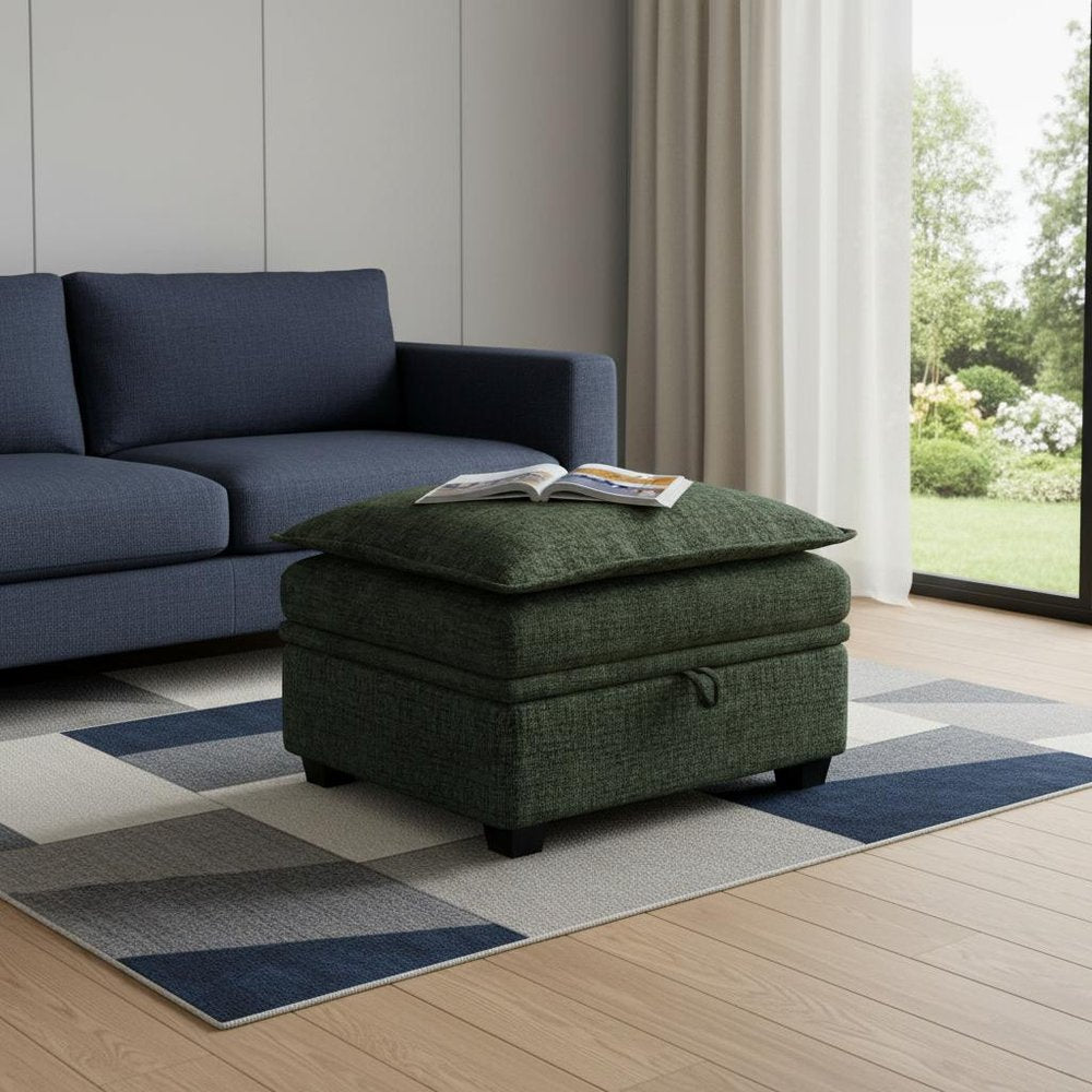 30" Green and Black Chenille Storage Ottoman HomeRoots