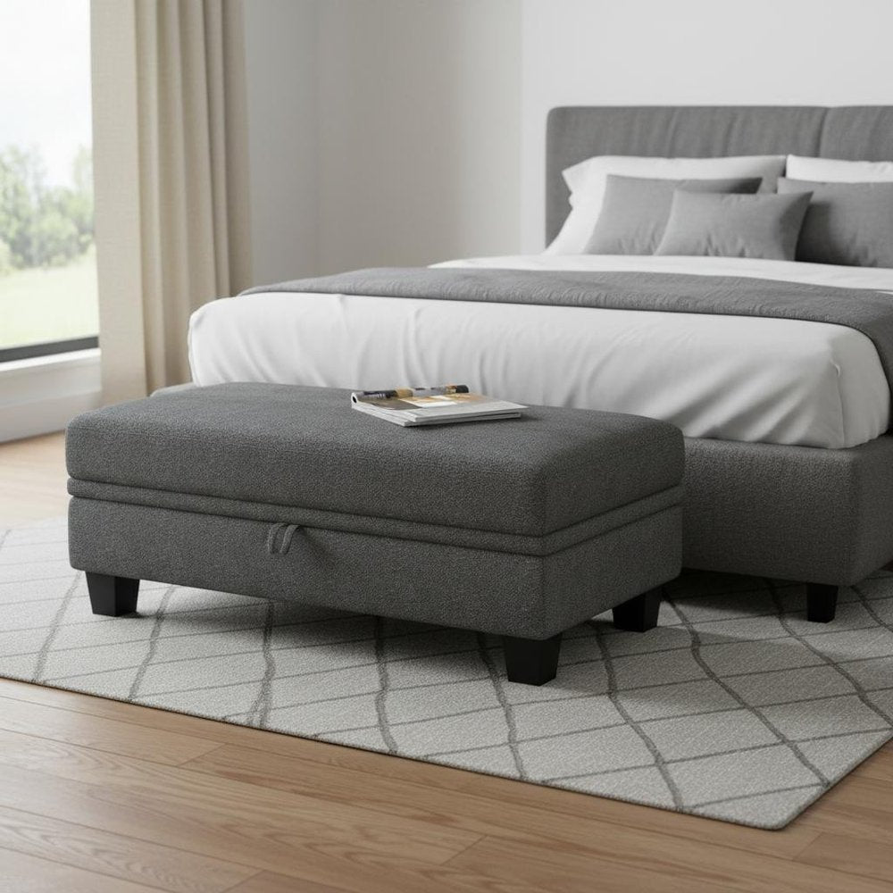 46" Beige And Black Chenille Ottoman With Storage HomeRoots