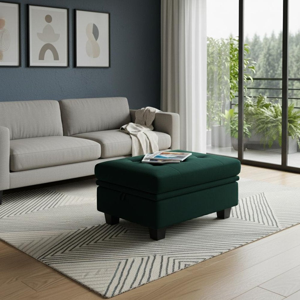 32" Blue and Black Velvet Tufted Storage Ottoman HomeRoots