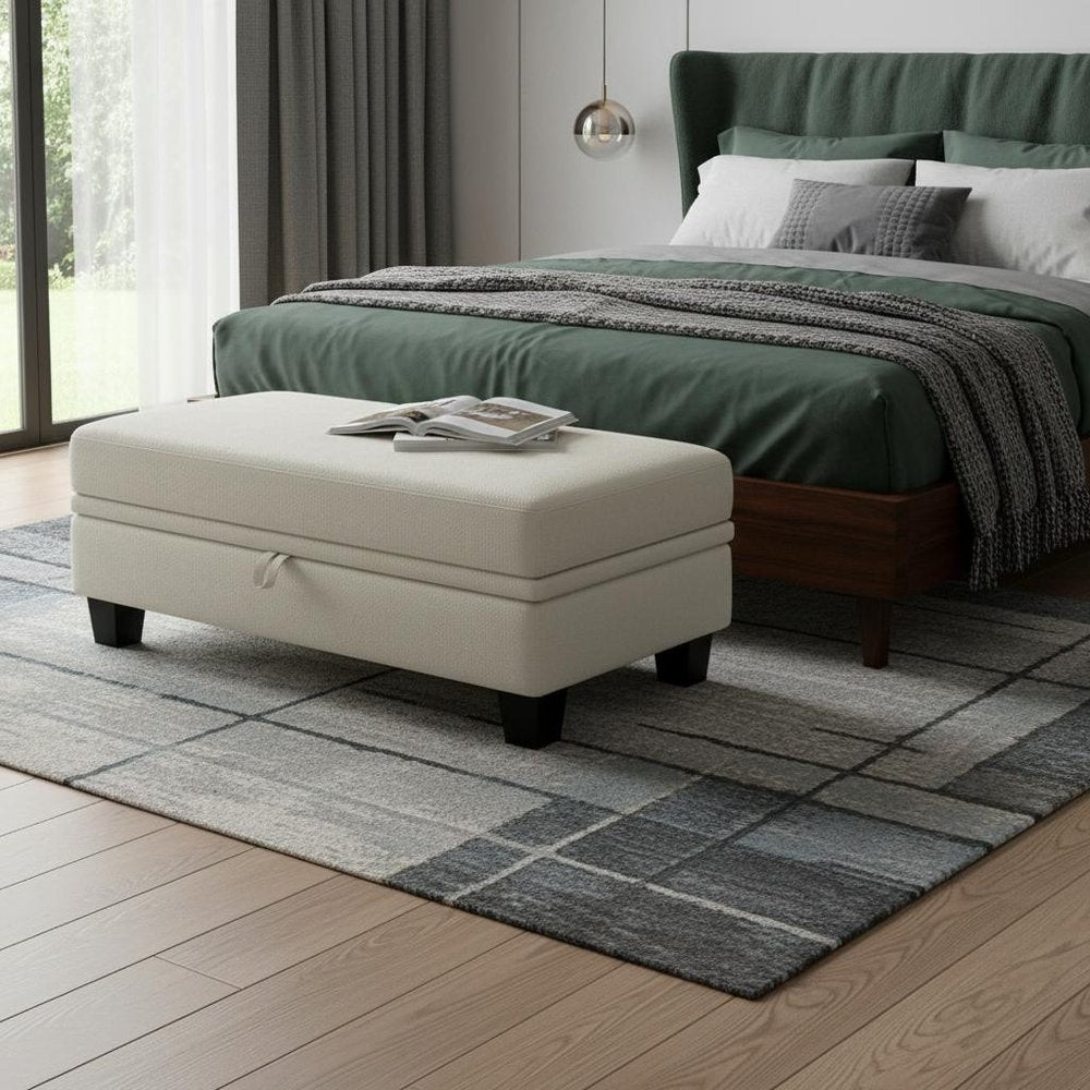46" Beige and Black Chenille Storage Ottoman HomeRoots