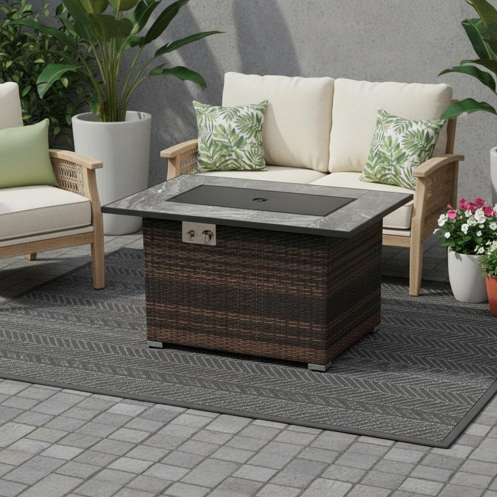 50000 BTU 43" Brown Wicker Propane Rectangular Fire Pit With Cover HomeRoots