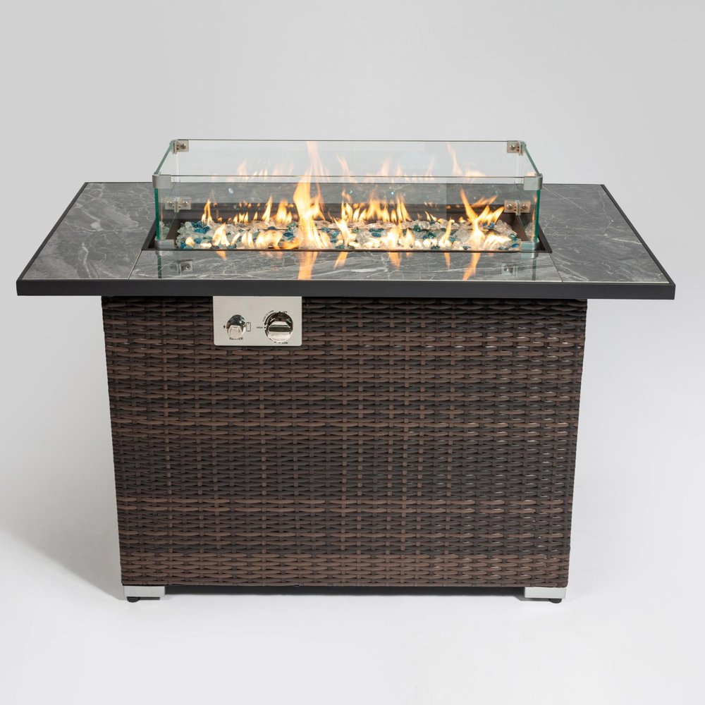 50000 BTU 43" Brown Wicker Propane Rectangular Fire Pit With Cover HomeRoots